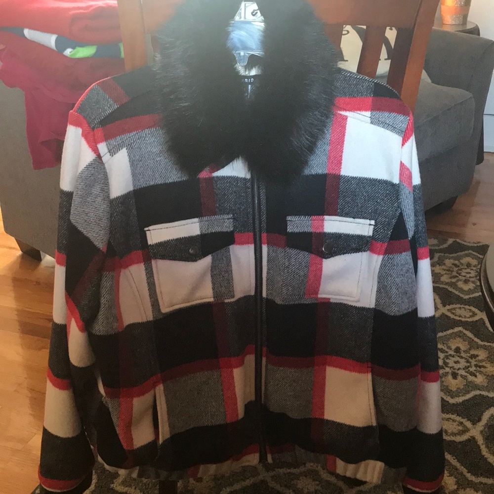 Zip up plaid jacket with removable fur collar